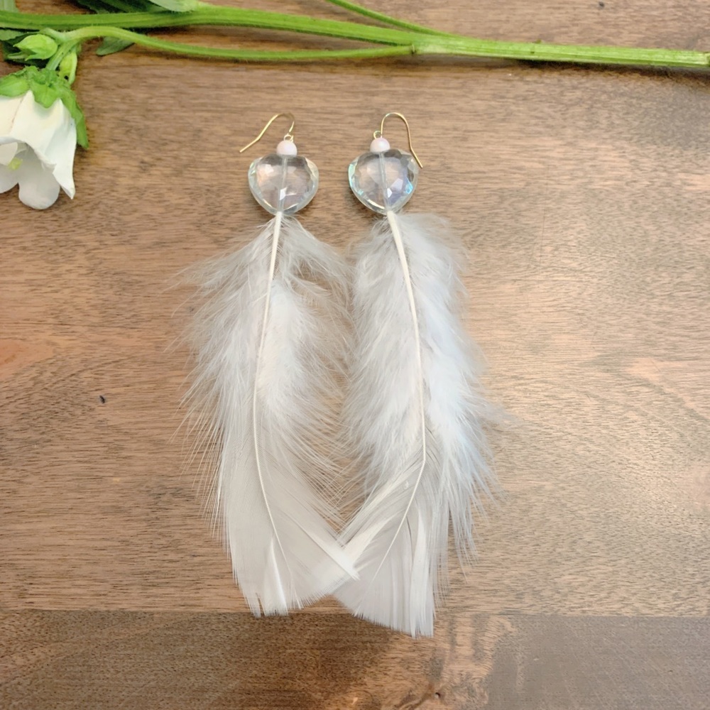 Feather Earrings with Heart Crystal